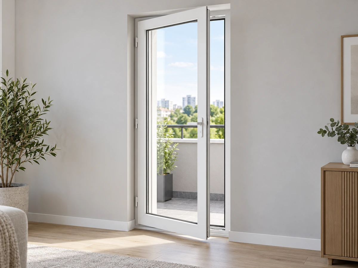 Ușă de balcon din PVC albă cu vitraj termoizolant